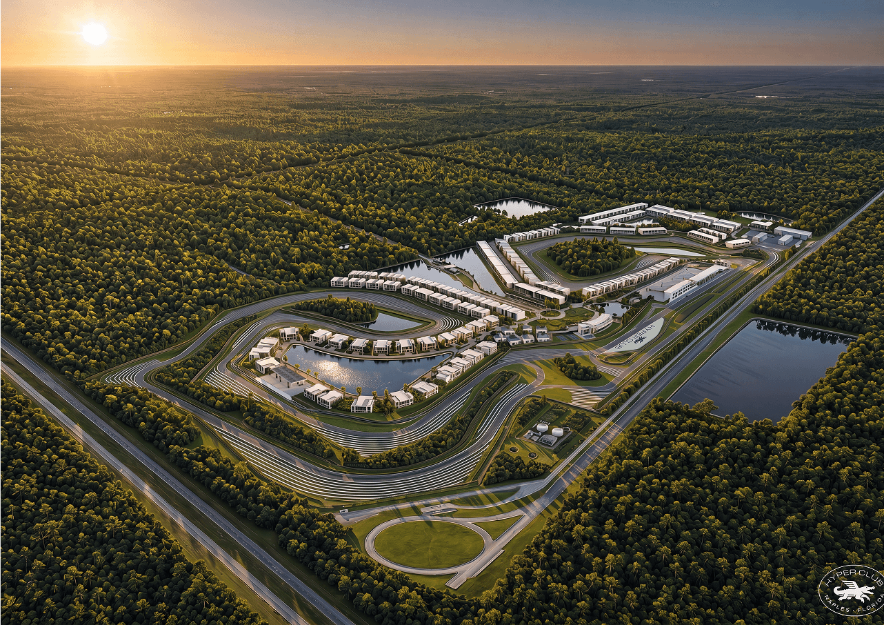 Aerial rendering of Hyper Club at sunset, the performance circuit wrapping residences and lakes inside surrounding preserved woodland.