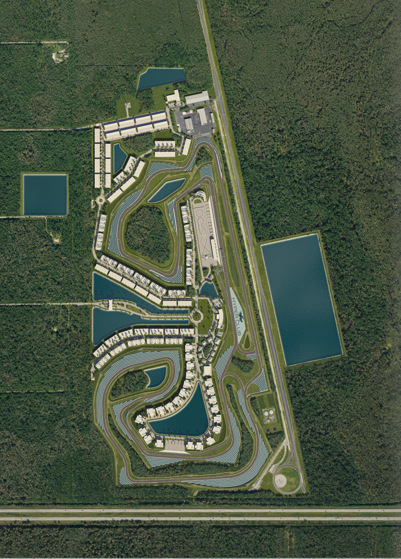 Overhead rendering of the proposed Hyper Club masterplan, with racing circuits, residences and lakes laid alongside the existing 2.1-mile straightaway.