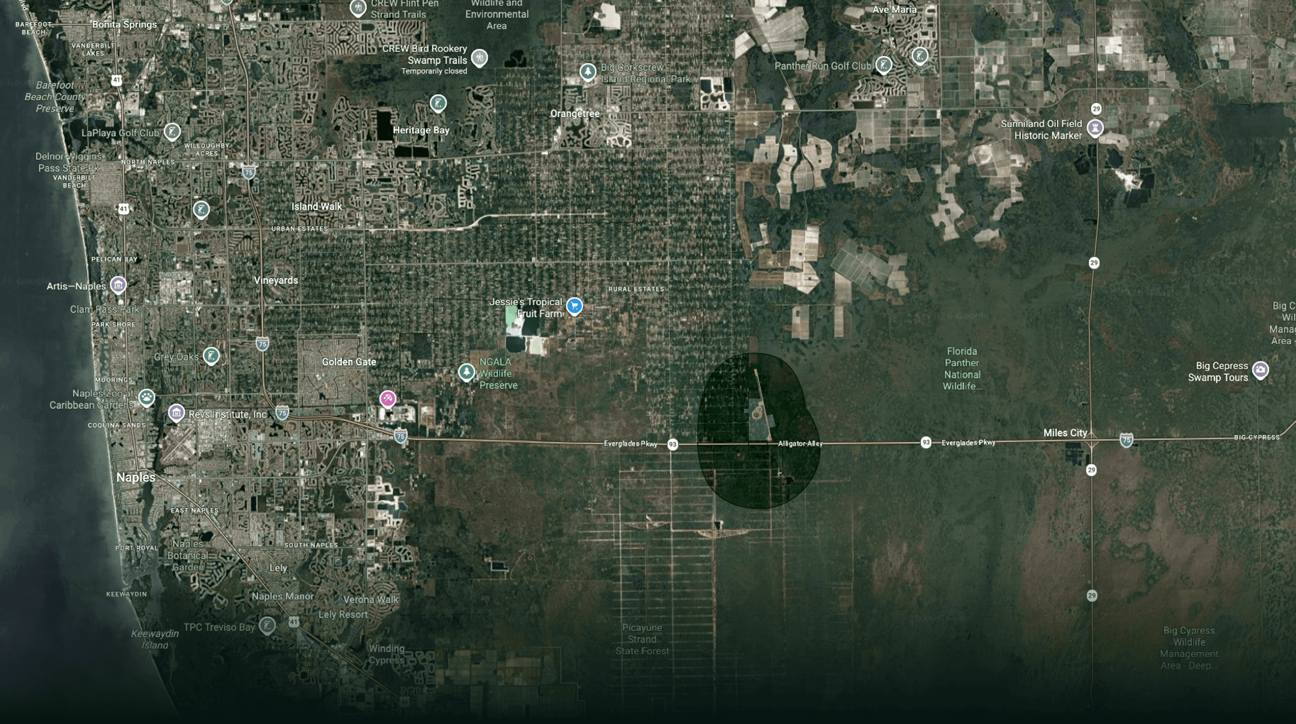 Regional map from Naples east to Big Cypress along Alligator Alley, with the Hyper Club property and its two-mile study radius highlighted.